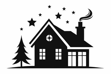 house with chimney and stars above icon line art silhouette vector illustration