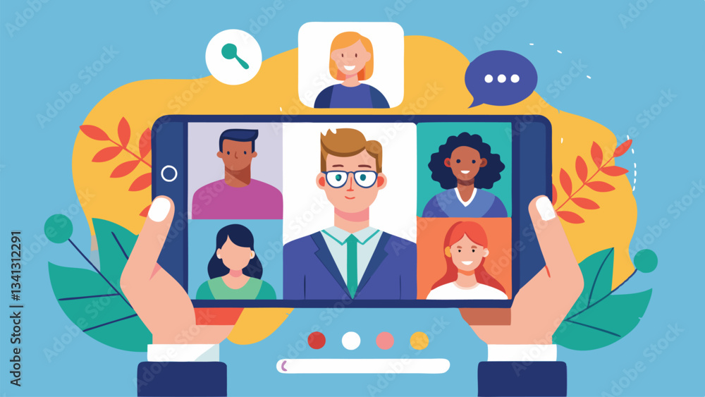 Aufkleber engaging virtual meeting with multiple participants visible on a smartphone screen showcasing remote