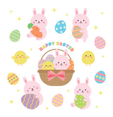 Illustration of cute bunny and chick with painted eggs in Christian Easter concept. Eggs with various patterns painted on them are exchanged to celebrate the resurrection and bless the other person.