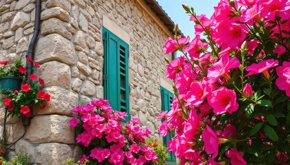 Naklejka premium Aged weathered stone building juxtaposed with vibrant blooming flowers, peace, detail