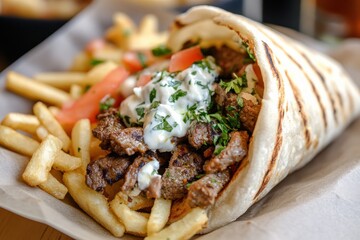 Delicious greek gyros pita filled with beef, tomatoes, and french fries, topped with tzatziki sauce