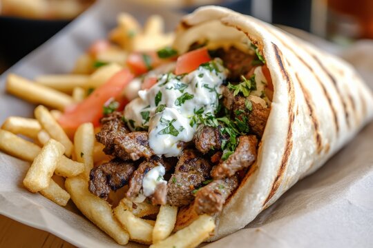 Delicious greek gyros pita filled with beef, tomatoes, and french fries, topped with tzatziki sauce