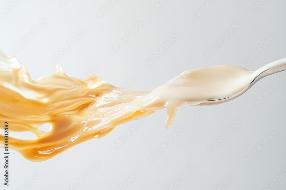 Poster creamy liquid flowing from a spoon, creating a dynamic splash and texture.