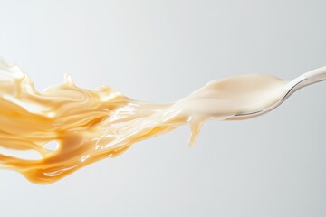 Creamy liquid flowing from a spoon, creating a dynamic splash and texture.