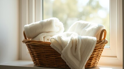 Soft, fluffy white towels in a wicker basket by a sunlit window