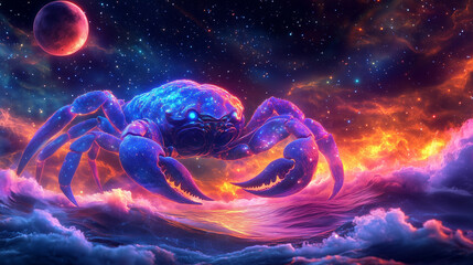 A cancer zodiac sign, crayfish or crab, mythical and neon design