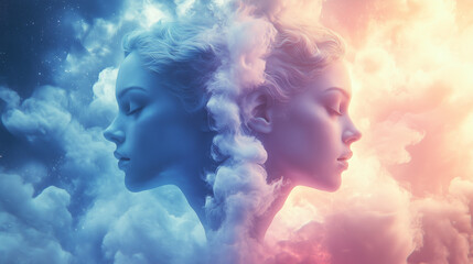 Gemini zodiak symbol, surrounded by heavenly clouds and mystic cloudspace