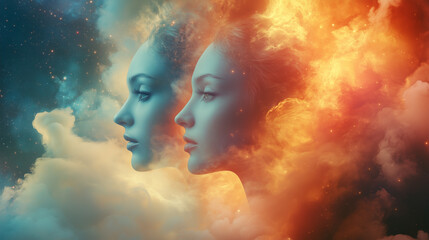 Two heads, gemini zodiac, mystic sky with clouds and glowing or burning elements