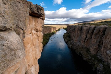 A breathtaking view of a majestic river flowing through towering rocky cliffs, illustrating the grandeur of nature and its power to captivate the human eye.