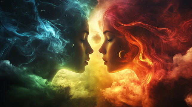 Zodiac gemini in space with colorful neon space