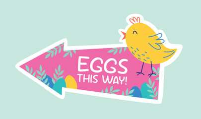 Egg search direction indicator with happy chick for Easter Egg Hunt. Vector illustration template for Easter holiday celebration