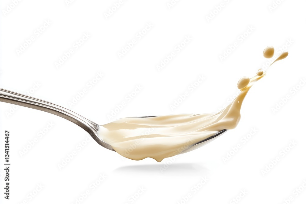 Poster creamy liquid splashing from a spoon, creating a dynamic and appetizing visual.