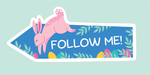 Egg search direction indicator with a cute jumping rabbit for Easter Egg Hunt. Vector illustration template for Easter holiday celebration