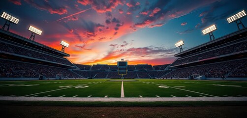 American football at sunset, stadium lights illuminating the field, field, lights