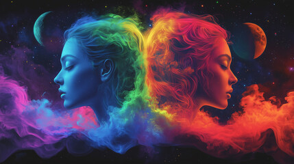 Zodiac gemini in space with colorful neon space