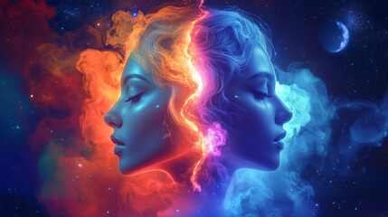 Zodiac gemini in space with colorful neon space