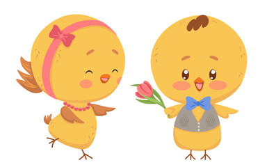 Romantic Date Easter Chicks. Yellow chick in vest waiting for sweetheart with pink flower. Cute hen in beads happily running to favorite boy. Vector editable drawing isolated on background