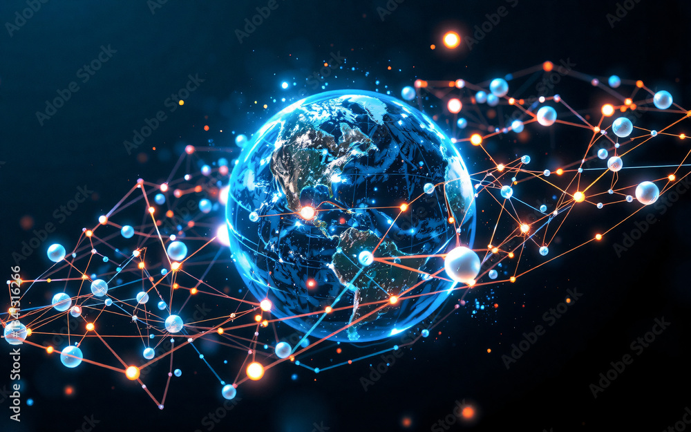 Leinwandbilder Glowing globe surrounded by luminous network of lines and nodes, symbolizing global connectivity and digital communication on a dark backdrop.