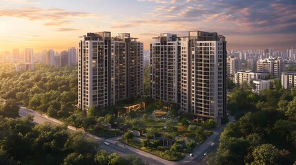 Fototapeta premium Two modern high rise residential buildings stand tall amidst lush green landscape at scenic sunset with city skyline in the background.