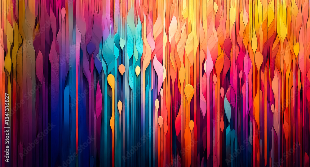 Poster Abstract artwork with vibrant colors flowing vertically, creating a dynamic and textured visual experience.  The warm and cool hues blend seamlessly in a fluid design.