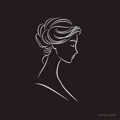 Minimalist logo line art side profile of elegant female on dark background
