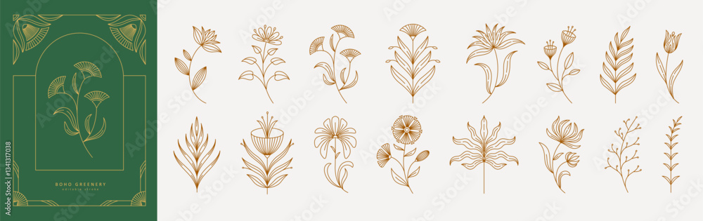 Fototapete Set of boho simple geometric branch and flowers. Botanic design elements in wavy and vintage style. Leaves and branches print for logo, social media or packaging and greeting card. Vector illustration