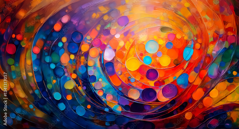 Poster abstract art featuring swirling lines and circles in vibrant colors. orange, blue, yellow, purple, a