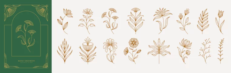 Fototapete Rund Set of boho simple geometric branch and flowers. Botanic design elements in wavy and vintage style. Leaves and branches print for logo, social media or packaging and greeting card. Vector illustration © merfin