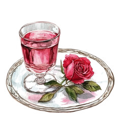 Watercolor Haft sin Rosewater on a plate with red rose flowers. Traditional Persian New Year Garlic, isolated on a white background. Nowruz vector design set	