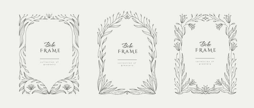 Retro floral frame or cover. Botanic design elements in wavy and naive style. Boho leaves branches and blooming print for poster, social media and packaging or greeting card. Vector illustration