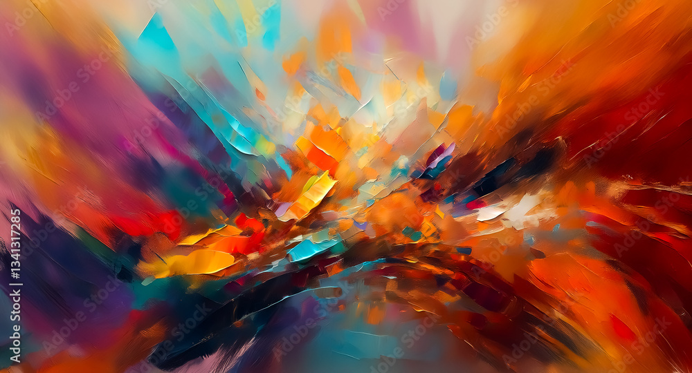 Poster vibrant abstract painting featuring dynamic brushstrokes and a rich color palette. splashes of red, 