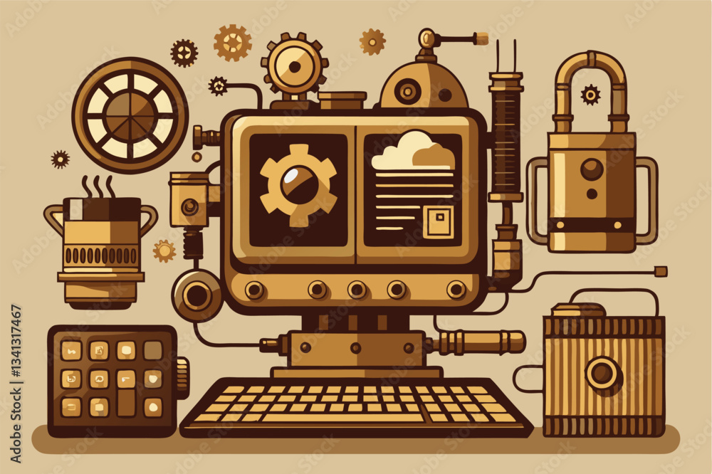 Aufkleber Vintage-inspired vector illustration of a retro computer setup with mechanical elements and steampunk design features integrated in a unique arrangement