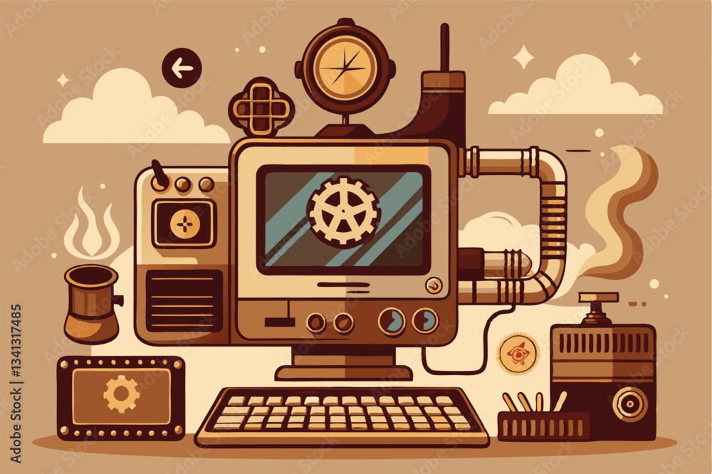 Aufkleber Vintage-inspired vector illustration of a retro computer setup with mechanical elements and steampunk design features integrated in a unique arrangement