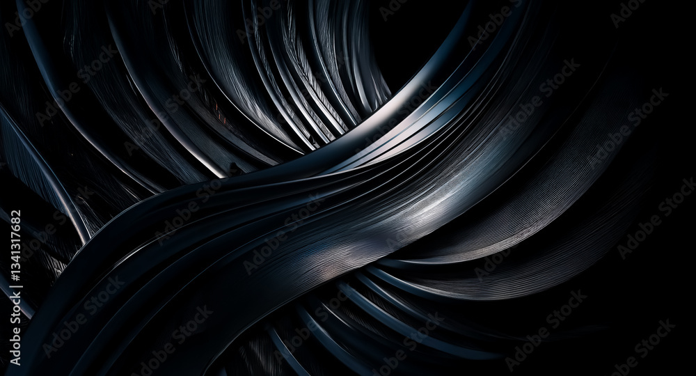 Poster abstract dark flowing metallic ribbons with curves and highlights against a black backdrop creating 