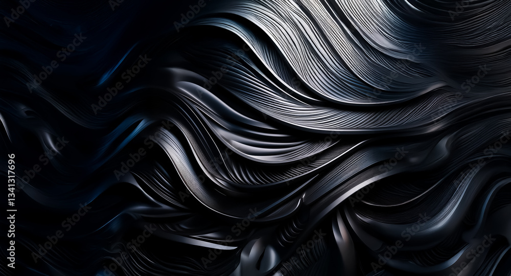 Poster dark abstract image featuring wavy, flowing forms. shiny surface reflects light, creating highlights