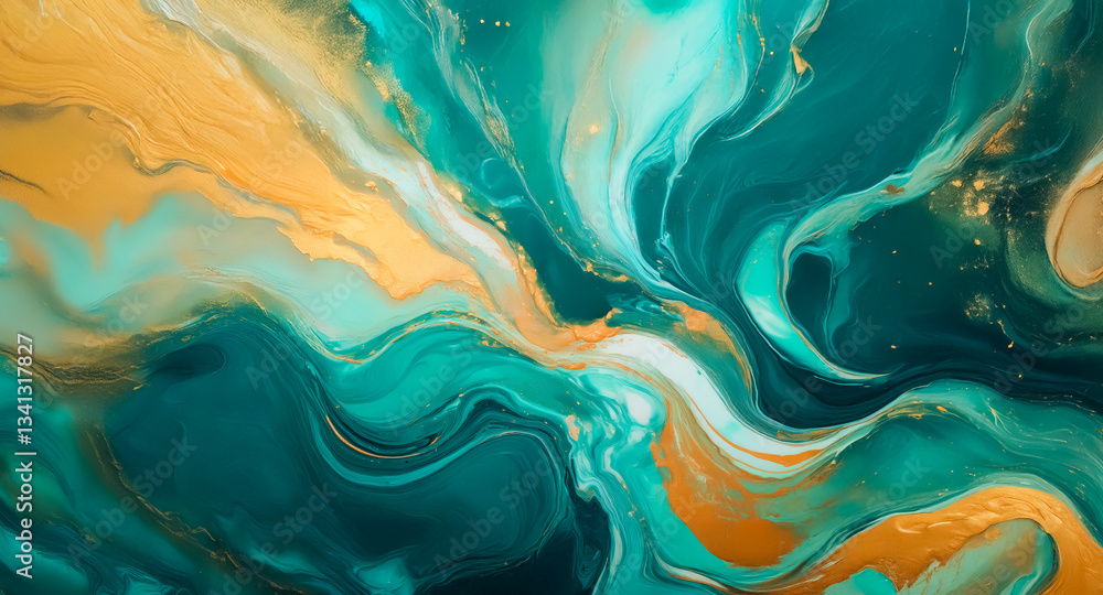 Poster Abstract fluid art featuring swirls of teal and gold creates a dynamic, marbled effect. The colors blend and flow smoothly, evoking a sense of movement.
