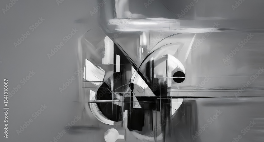 Poster abstract black and white composition featuring dynamic geometric shapes and blurred lines creates a 