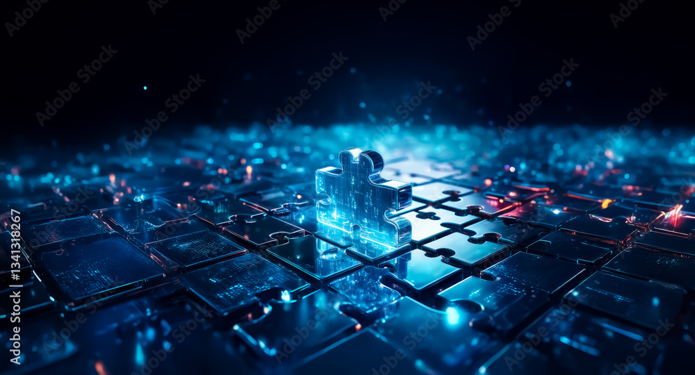 Aufkleber Illuminated puzzle piece stands out on a futuristic grid. Blue and red lights highlight interconnected pieces, suggesting a technological or abstract concept in a dark environment.