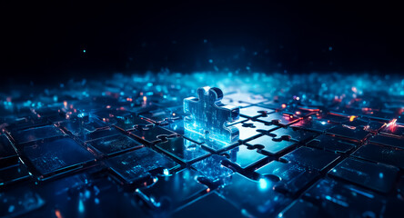 Naklejka premium Illuminated puzzle piece stands out on a futuristic grid. Blue and red lights highlight interconnected pieces, suggesting a technological or abstract concept in a dark environment.