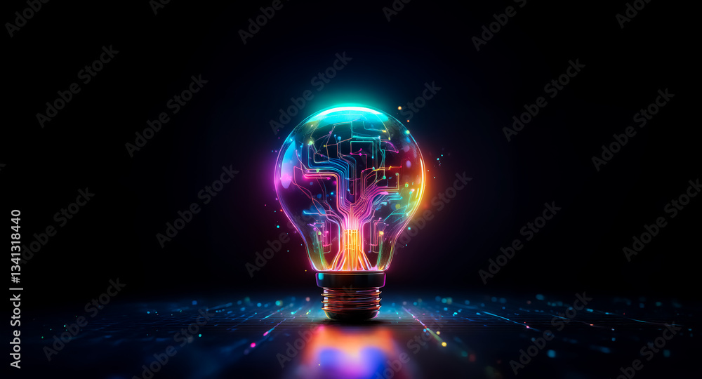 Aufkleber illuminated lightbulb with vibrant, glowing circuits inside, casting colorful reflections on a dark 
