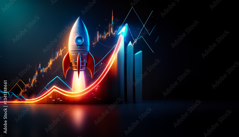 Aufkleber rocket launching with bright neon trails against a dark background. an upward arrow and graph sugges