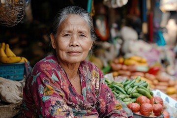 Senior greengrocer woman selling fresh produce at local market in asia