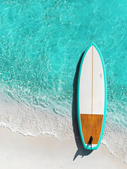 Surfboard Placed on a Tropical Beach Shoreline with Crystal Clear Waters