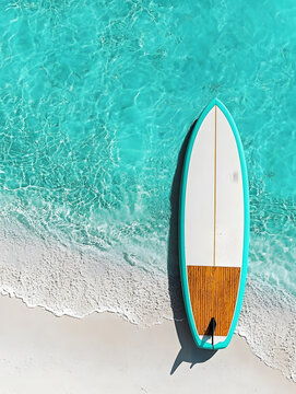 Surfboard Placed on a Tropical Beach Shoreline with Crystal Clear Waters