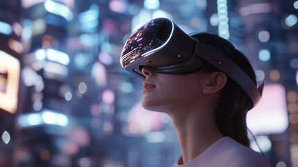 A woman exploring a neon-lit virtual city in the Metaverse