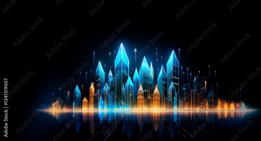 Aufkleber Abstract glowing cityscape with blue and orange lights against a dark background. Sharp, crystal-like structures are reflected on a black surface, creating a futuristic and modern scene.