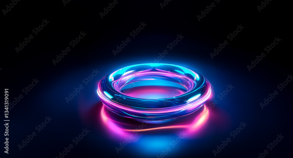 Aufkleber a luminous ring object glows with vibrant neon blue and pink lights against a dark background, creat