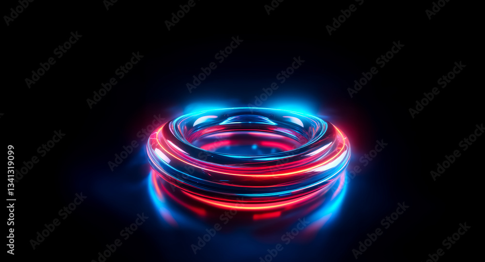 Poster a luminous torus shape with blue and red glowing lines against a dark backdrop. a modern and abstrac