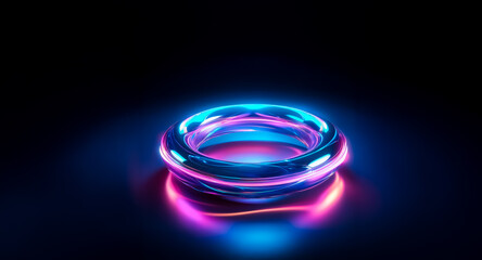 Naklejka premium A luminous ring object glows with vibrant neon blue and pink lights against a dark background, creating a modern abstract and futuristic feel.