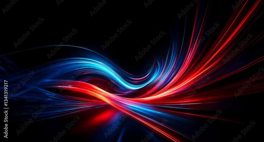 Poster abstract image with flowing red and blue light trails on a black background, creating a dynamic and 